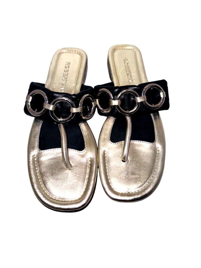 Robert Zur Kai Womens Black Gold Leather Sandals Metal Ring Accents Size 7 Glam